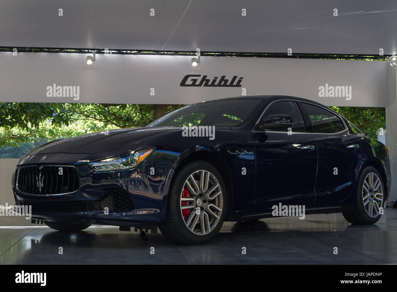 Turin, Italien, 7. Juni 2017. Ein Maserati Ghibli. Die dritte Ausgabe der Autosalon Parco Valentino präsentiert Autos vieler Automobilhersteller und Autodesigner in Turin, Italien. Stockfoto