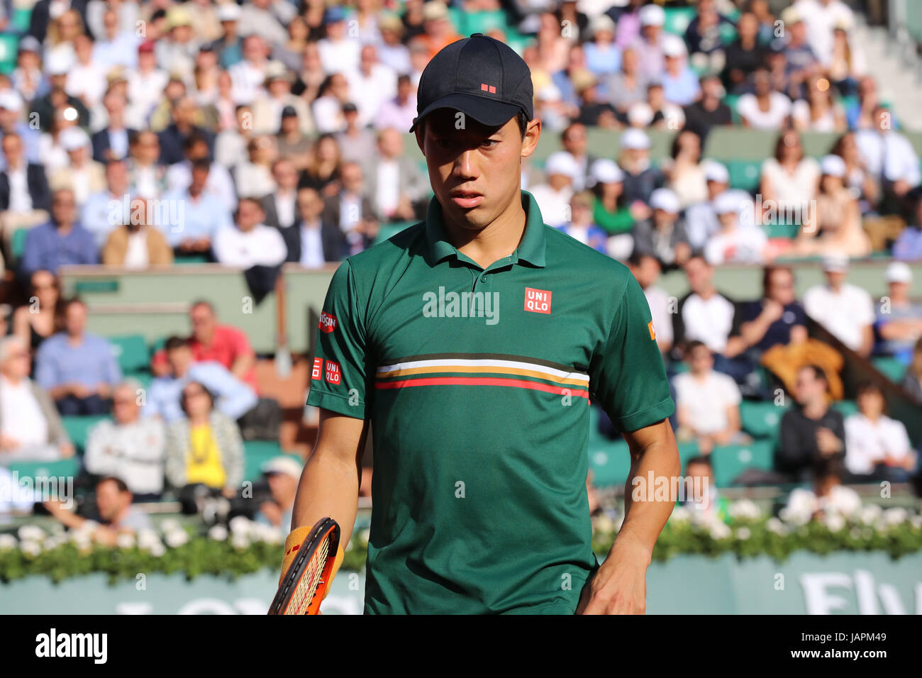 Paris, Frankreich. 7. Juni 2017. Japanische Tennisspielerin Kei Nishikori ist in Aktion während seines Spiels im 1/4 Finale der ATP French Open in Roland Garros Vs schottischen Tennisspieler Andy Murray am 7. Juni 2017 in Paris, Frankreich. Bildnachweis: YAN LERVAL/AFLO/Alamy Live-Nachrichten Stockfoto