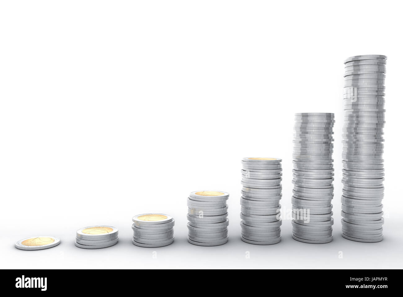 3D Bild: hochwertige Rendering: Metall Silbermünzen graph Chart Börse weißen Hintergrund isoliert. Stockfoto