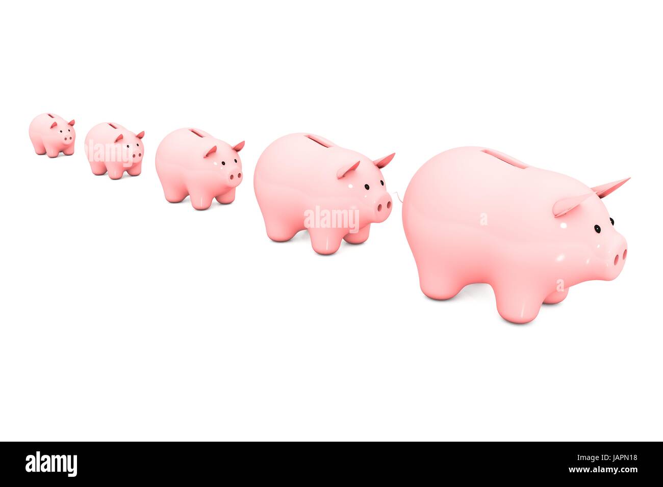 3D Illustration: Linie rosa Sparschwein auf einem weißen Hintergrund isoliert. reichen von kleinsten bis zum größten. fünf Spardose für Münzen in einer Reihe. Stockfoto