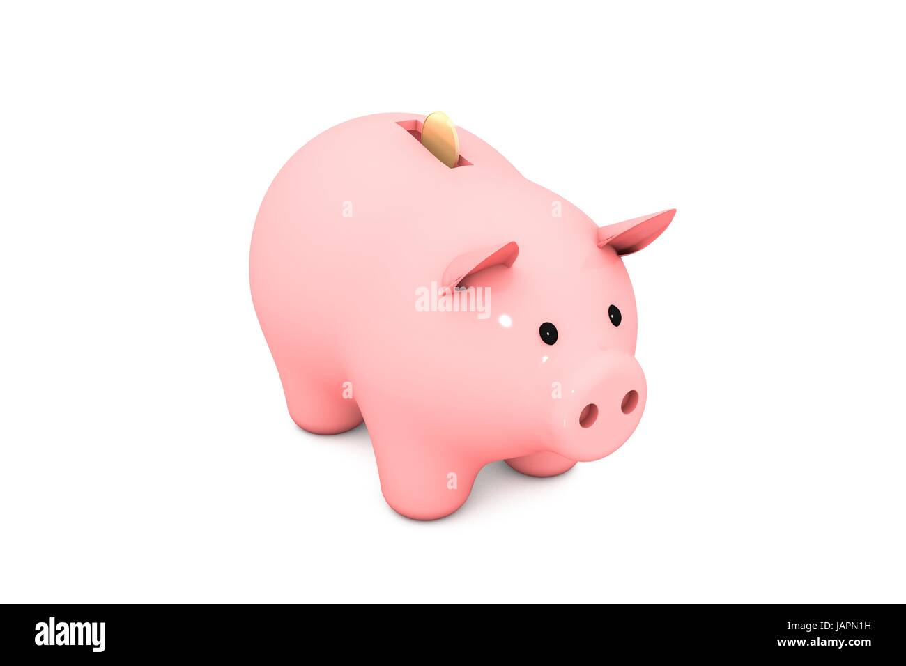 3D Illustration: Rosa Sparschwein mit goldenen (Kupfermünze) auf einem weißen Hintergrund isoliert Stockfoto