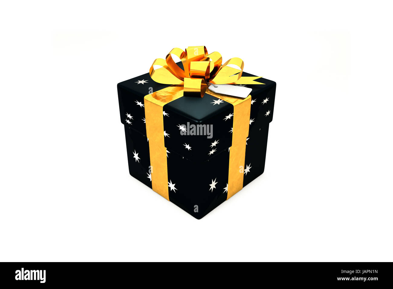 3D Illustration: schwarze Geschenkbox mit Stern, golden Metall Band / beugen und tag auf einem weißen Hintergrund isoliert. Stockfoto