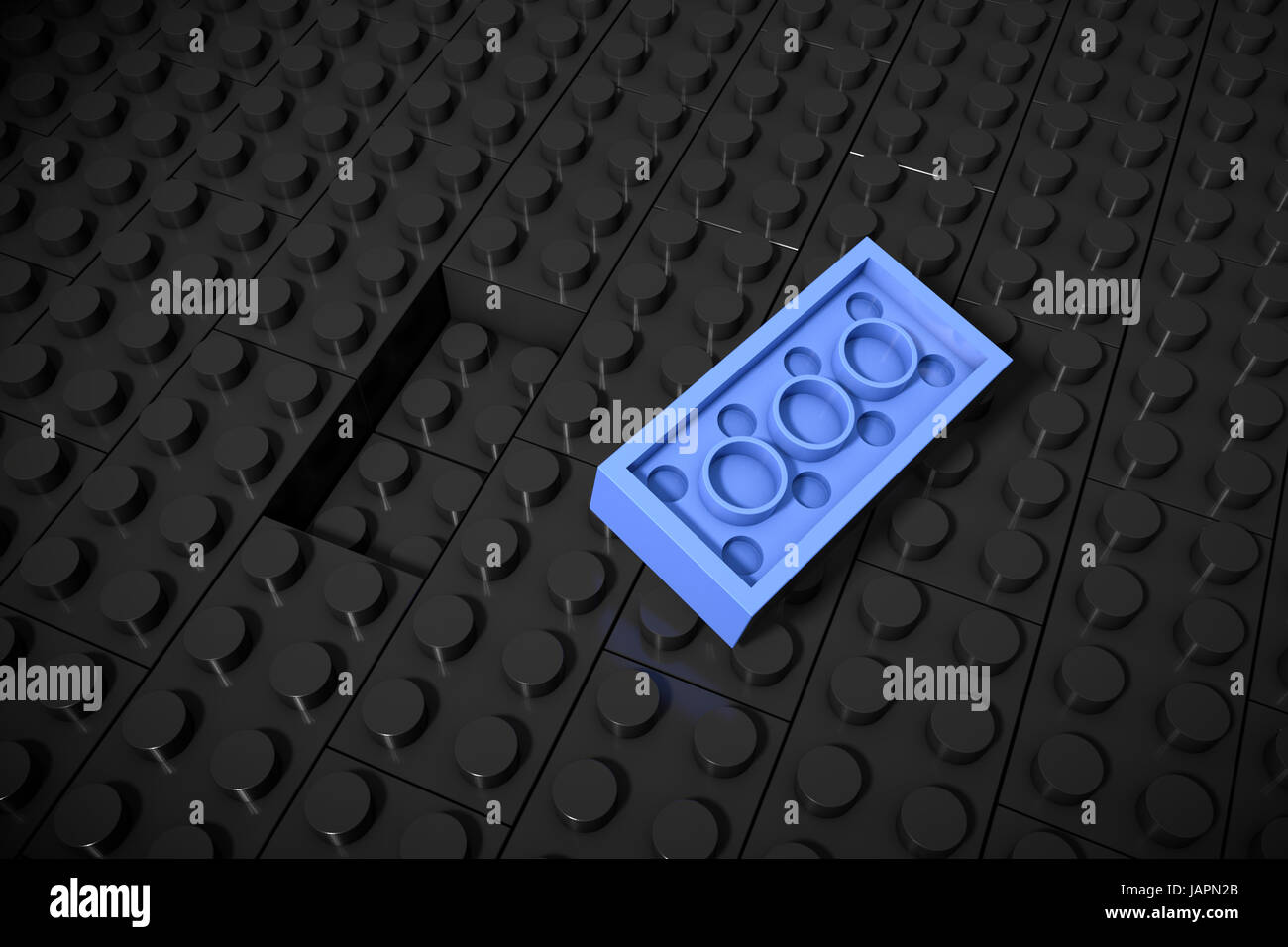 3D Illustration: blaue verschiedene Spielzeuge Stück liegt separat auf ein schwarzer Hintergrund nicht in Nut eingelegt. Geschäftskonzept: einzigartig Stockfoto