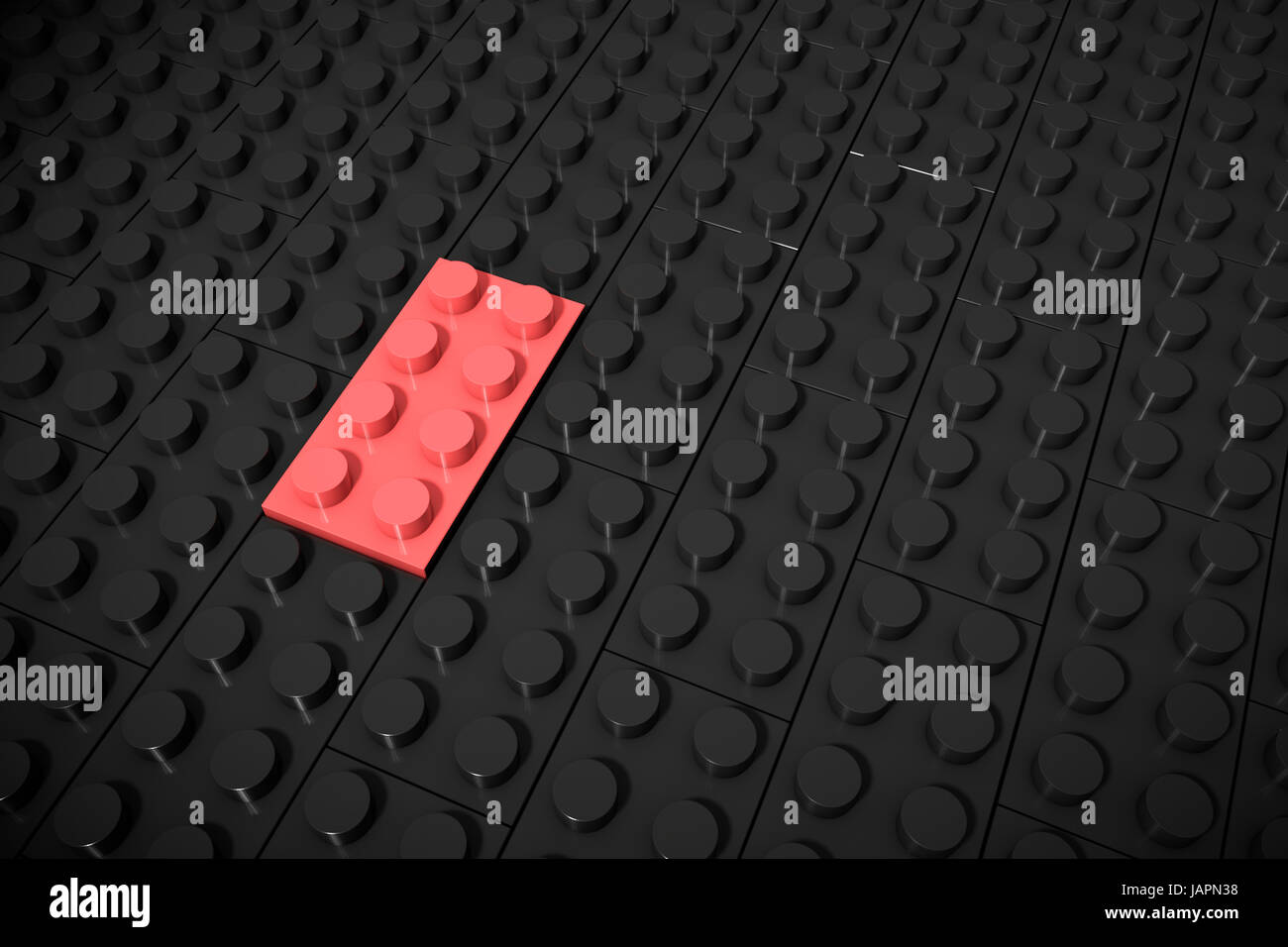 3D Abbildung: rot verschiedene Spielzeuge Stück liegt separat auf ein schwarzer Hintergrund wird in der Nut eingefügt. Geschäftskonzept: einzigartig, nicht wie jeder Stockfoto
