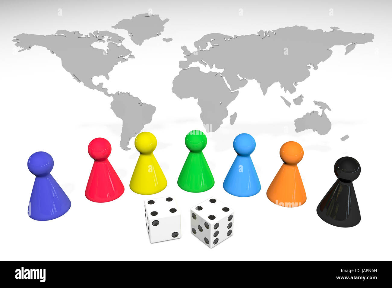 3D Illustration: sieben farbige Kunststoffplatte Spielsteine mit Reflexion und zwei Würfel mit schwarzen Punkten auf Welt Karte isolierten auf weißen Hintergrund. Stockfoto