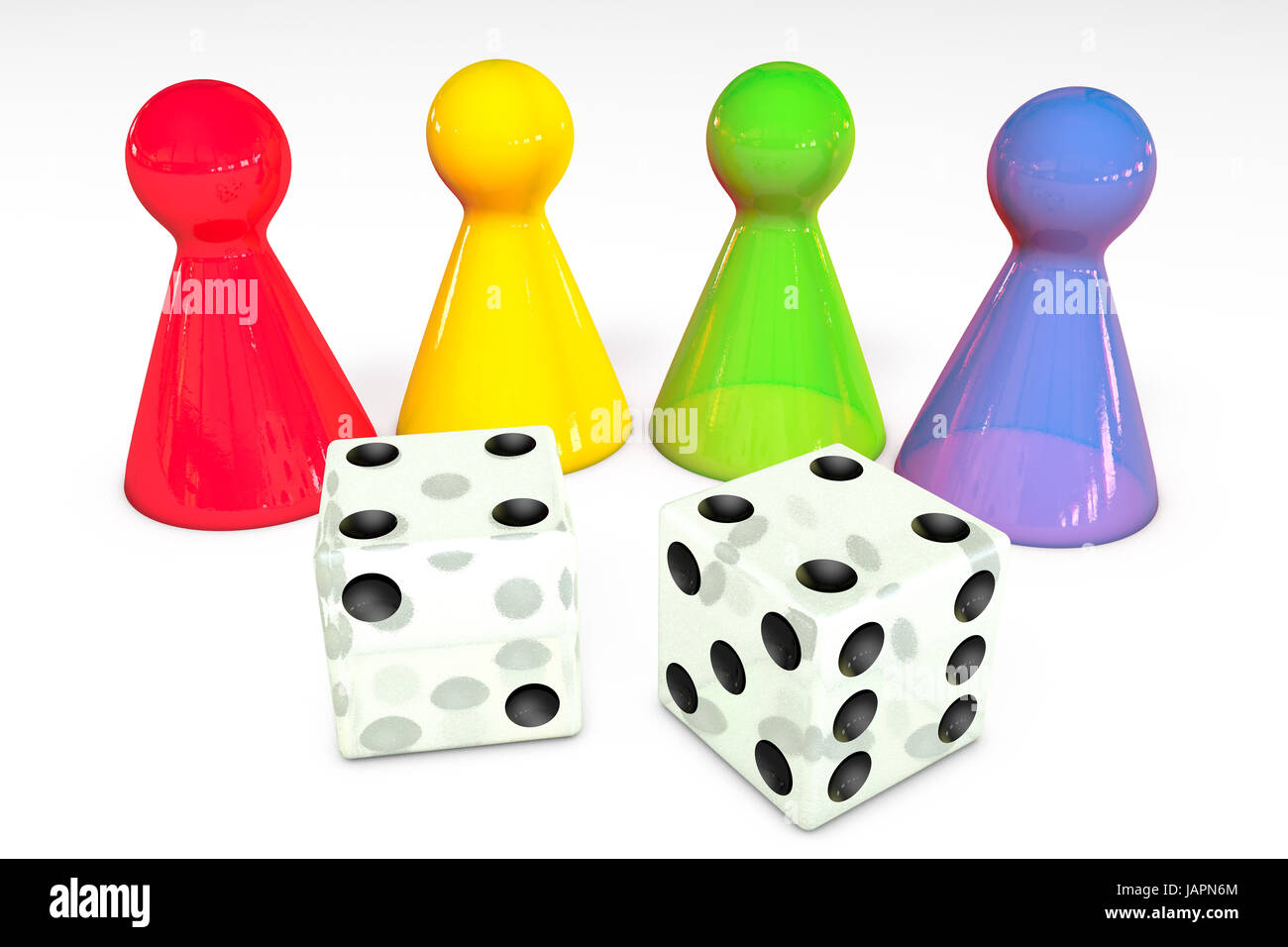 3D Illustration: vier farbige transparente Kunststoffplatte Spielsteine mit Reflexion und zwei weißen Würfel mit schwarzen Punkten auf weißem Hintergrund isoliert Stockfoto
