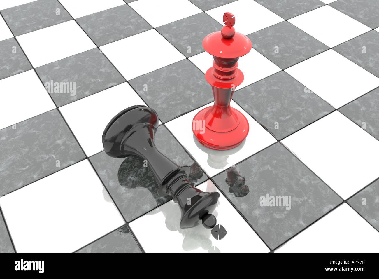 3D Illustration: zwei Schachfiguren auf dem Spielfeld. Rote König ist ein Gewinner und eine Verlierer schwarz liegt zu seinen Füßen nieder. Gefallen. Marmor-Brettspiel. Stockfoto