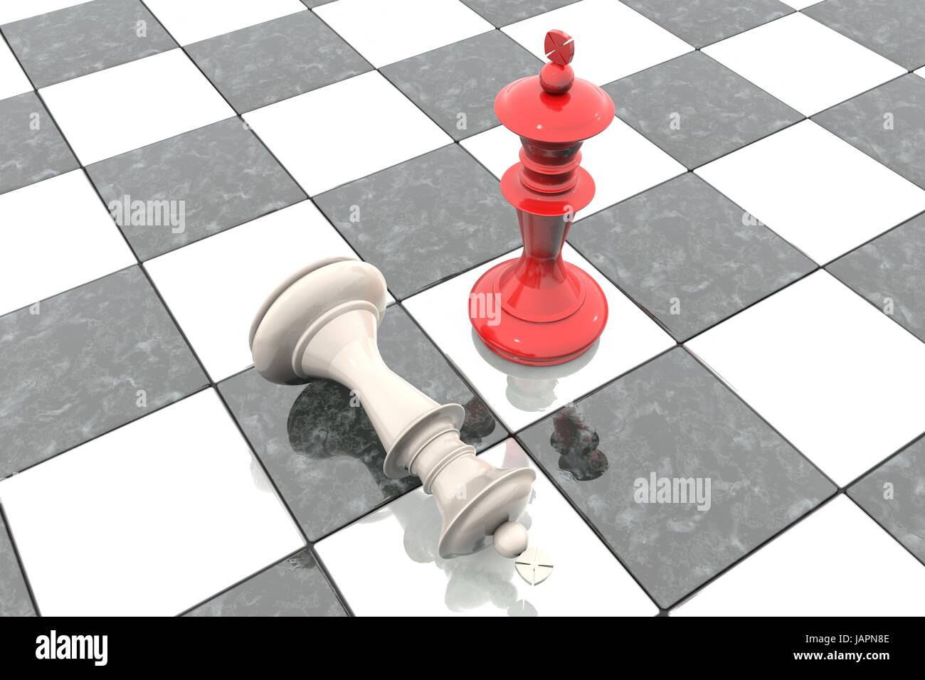 3D Illustration: zwei Schachfiguren auf dem Spielfeld. Roter König ist ein Gewinner und einen Verlierer Notlügen niederwerfen zu seinen Füßen. Gefallen. Marmor-Brettspiel. Stockfoto