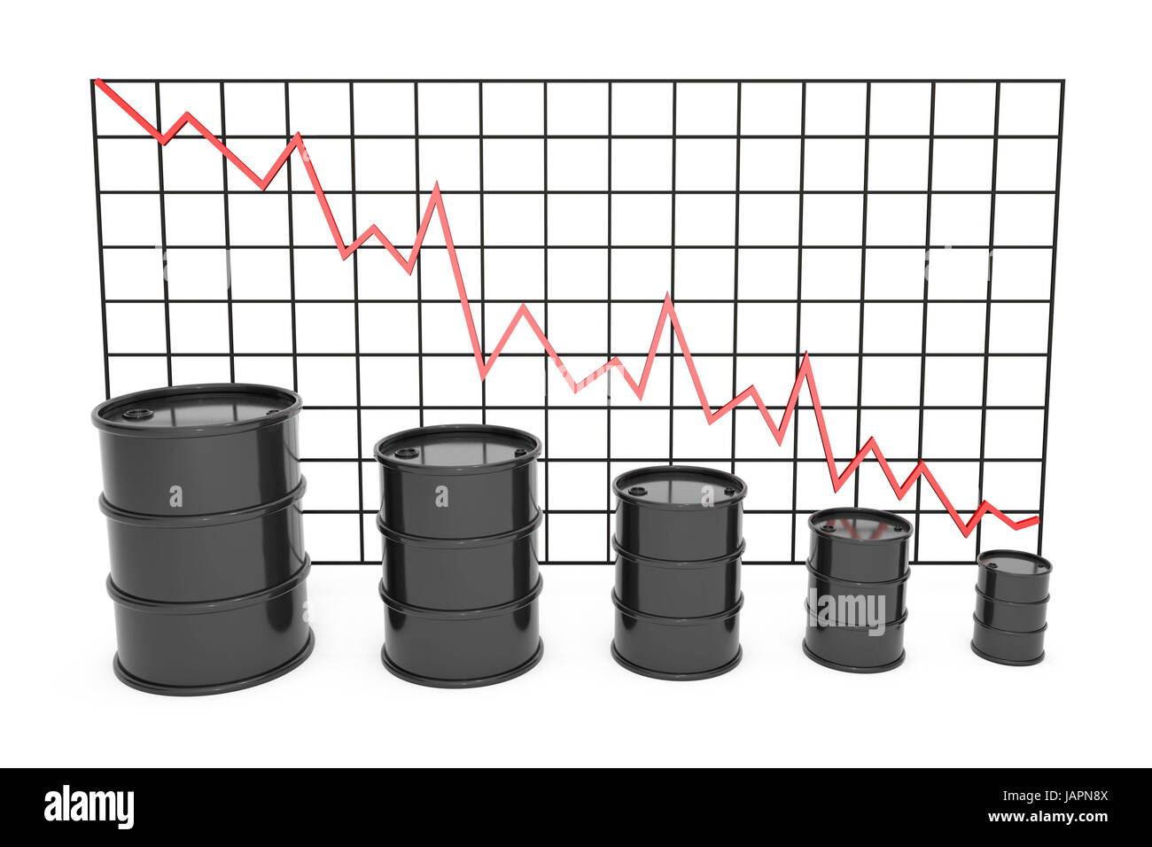 3D Abbildung: schwarz Barrel Öl Graph Chart Börse mit roten Linie Pfeil auf einem Gitter.  Geschäft, schwarzes gold, Benzin Erdölproduktion. Stockfoto