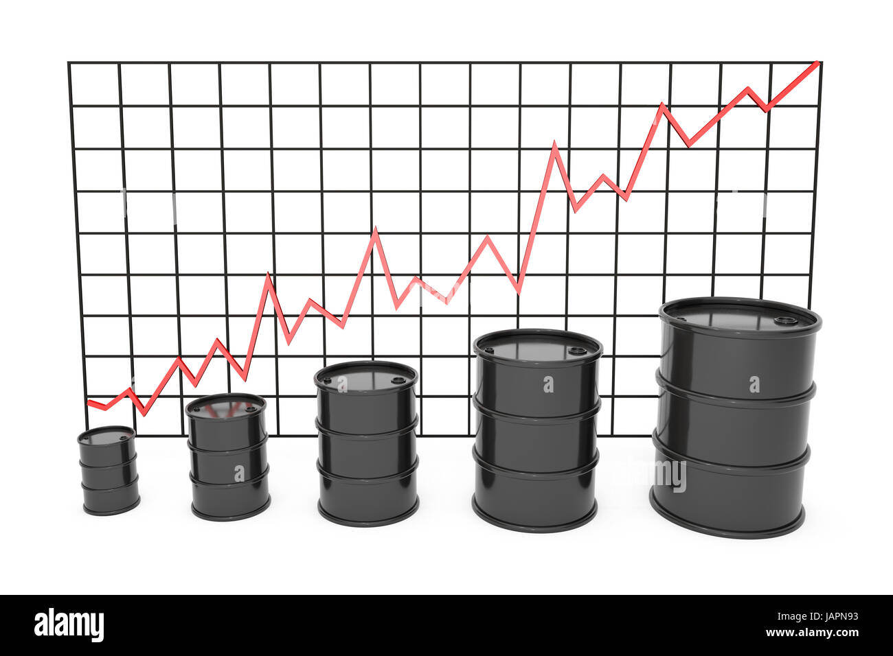 3D Abbildung: schwarz Barrel Öl Graph Chart Börse mit roten Linie Pfeil auf einem Gitter.  Geschäft, schwarzes gold, Benzin Erdölproduktion. Stockfoto