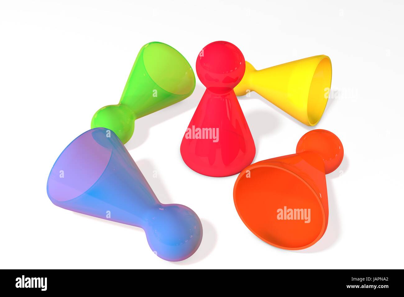 3D Abbildung: fünf farbige transparente Kunststoffplatte Spielsteine mit Reflexion. Der Gewinner und einen Verlierer fallen und Lay isoliert auf weißem Hintergrund Stockfoto