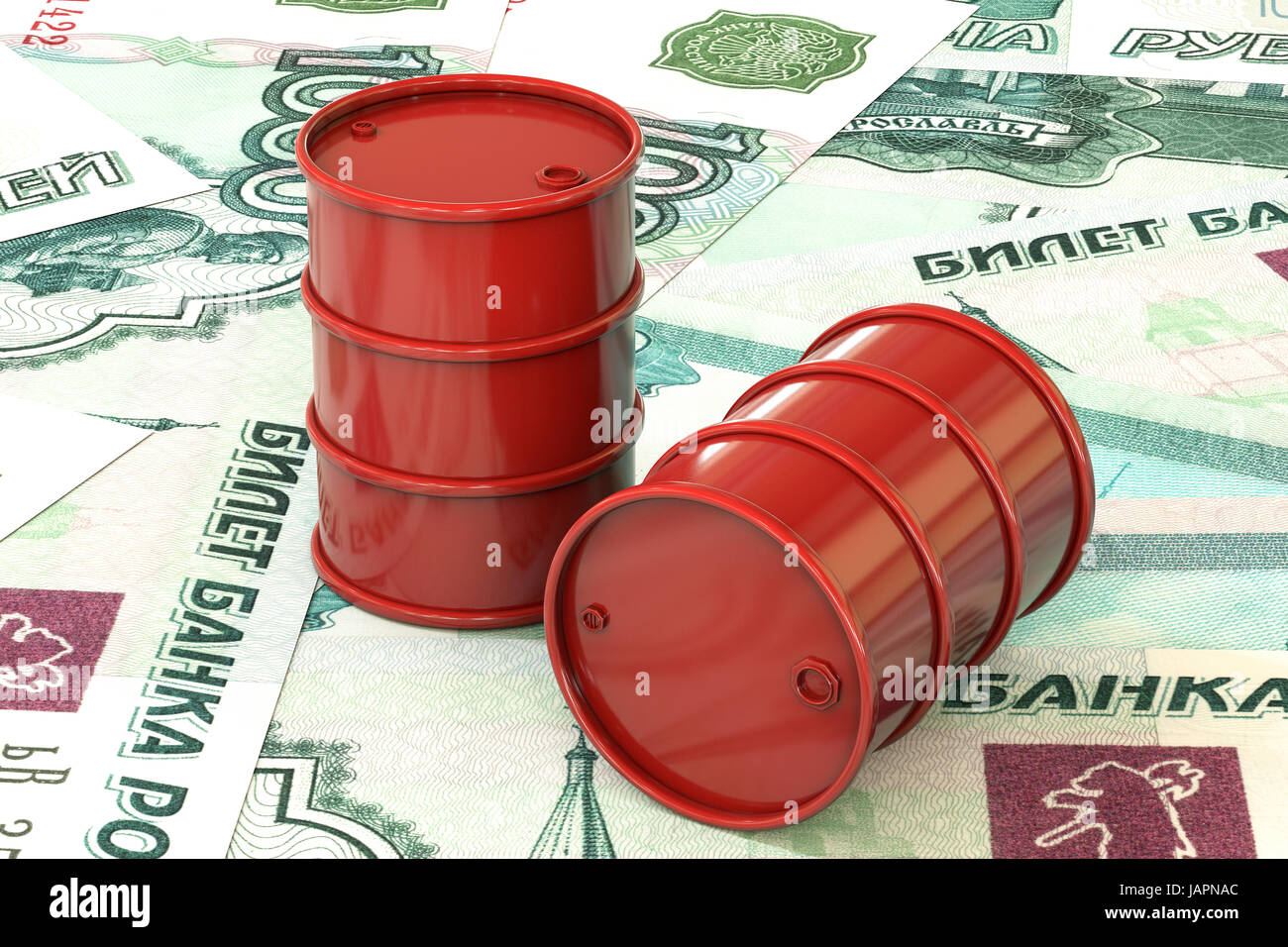 3D Illustration: Red Barrel Öl auf den Hintergrund des Rubels, Rubel Geld liegen. Geschäft, schwarzes gold, Benzin Erdölproduktion. Kauf Verkauf Stockfoto