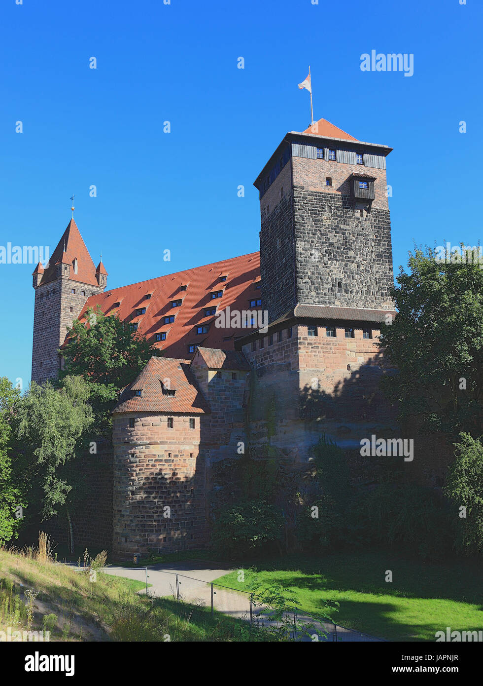 Nürnberg, Nürnberger Burg, fünfeckigen Turm, kaiserlichen Hofstallungen und Turm Luginsland, Middle Franconia, Bayern, Deutschland Stockfoto