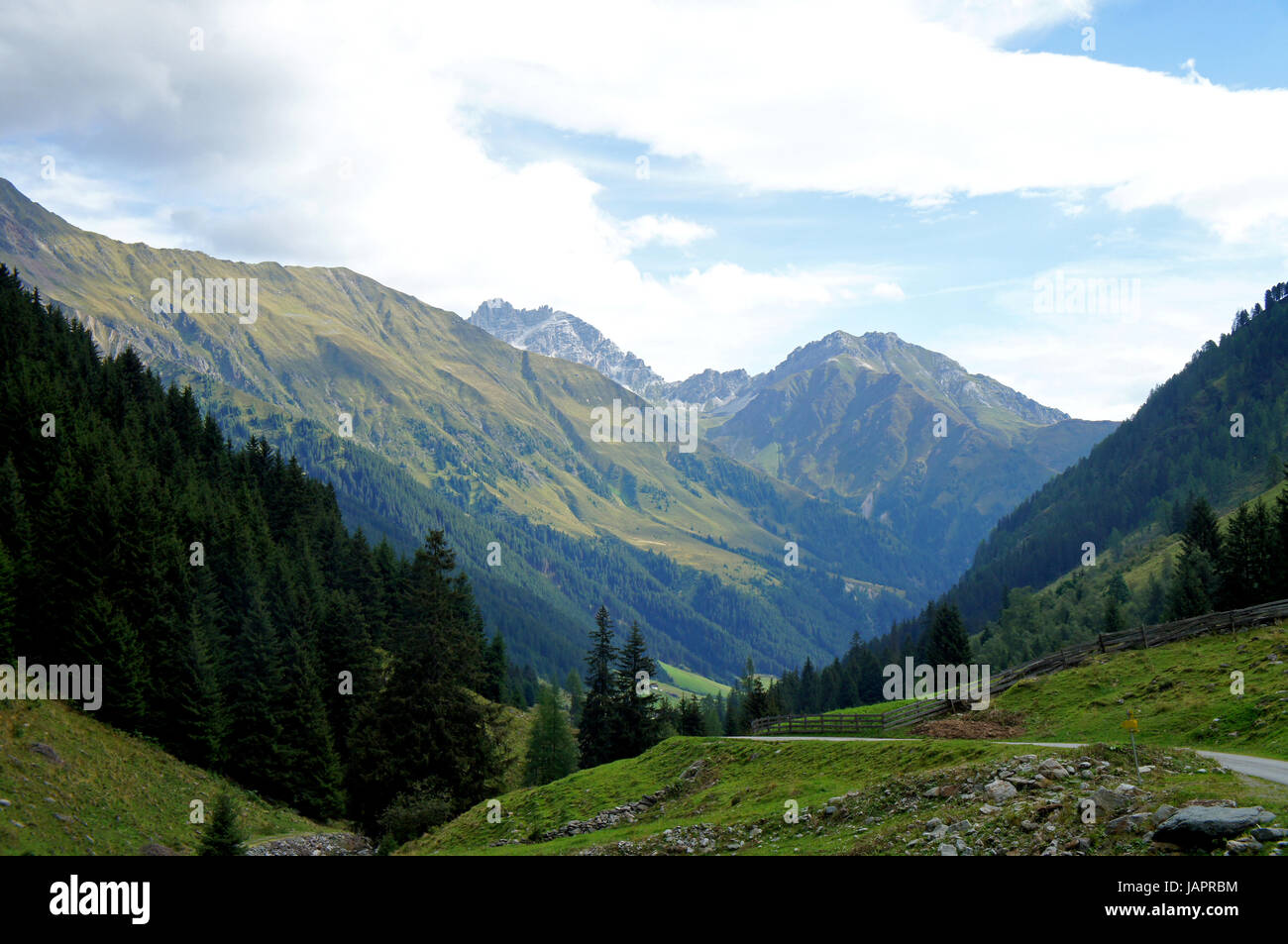 Landschaft Im Stubaital in Tirol, Österreich, Berge, Wiesen, steile, Schroffe Felsen, Blauer Himmel Mit Weißen Wolken, Wandergebiet, Landschaft im Stubaital in Tirol, Österreich, Berge, Almen, steile und schroffe Felsen, blauer Himmel mit weißen Wolken, Wandergebiet, Stockfoto