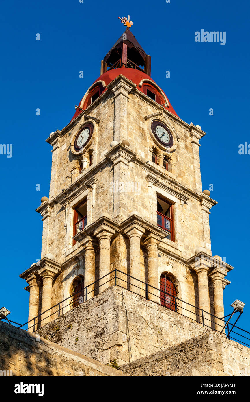 Die Roloi mittelalterlichen Uhrturm, Altstadt von Rhodos, Rhodos, Griechenland Stockfoto