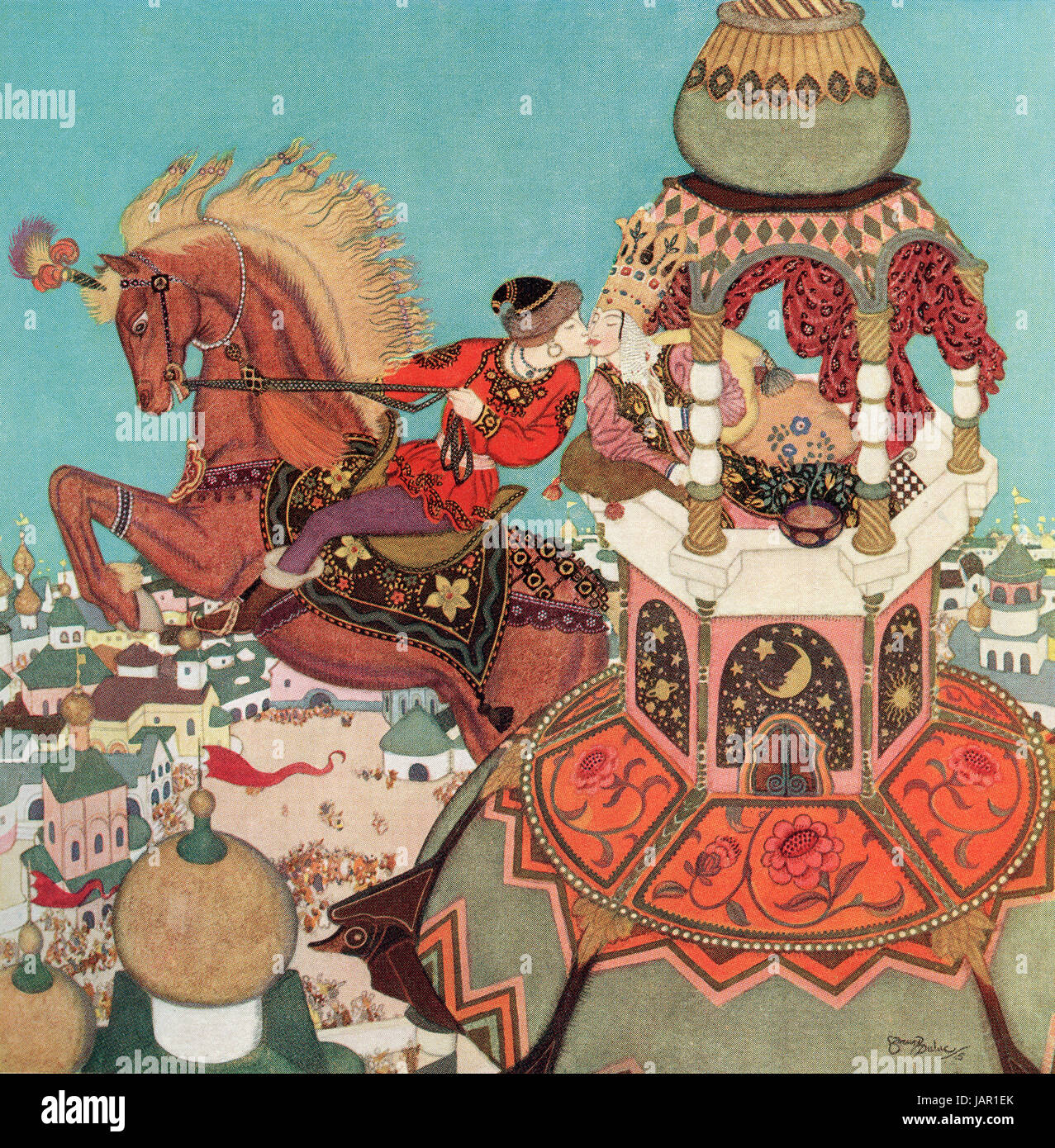 "Rotes Pferd schien in der Luft an der Spitze der seinen Sprung zu verweilen, während das ertragen küssen".  Illustration aus dem russischen Märchen Ivan und der Kastanie Pferd.  Aus Edmund Dulac Märchen-Buch: Märchen der verbündeten Nationen veröffentlichte 1916. Stockfoto