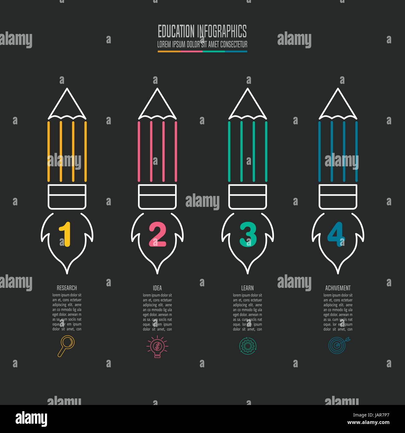 Bildung Infografiken Vorlage 4 Schritt Option. Bleistift und Rakete Symbol Timeline Infografik Vektor und Marketing Designikonen für Präsentation, Workflow Stock Vektor