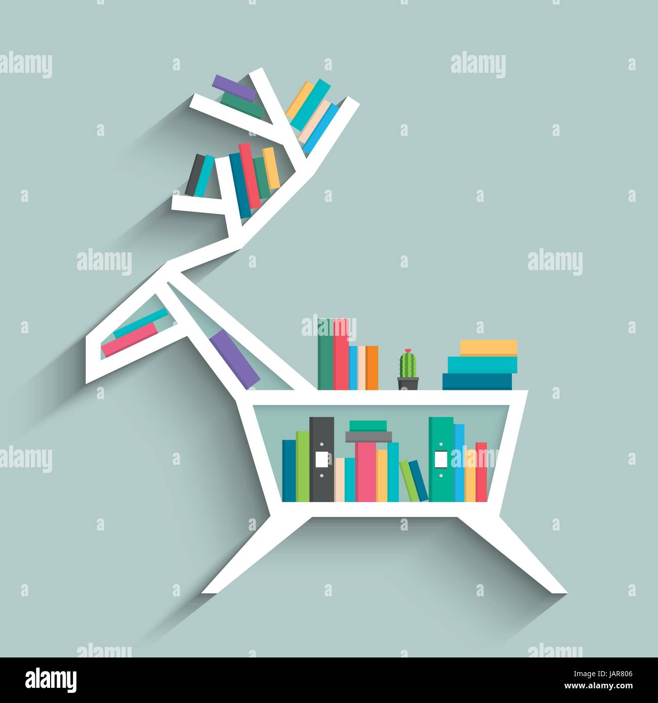 Bücherregal in Form von Hirsch mit bunten Bücher, Uhr und Kaktus auf blau  Pastell farbigen Hintergrund. Flaches Design. Vektor-Illustration  Stock-Vektorgrafik - Alamy