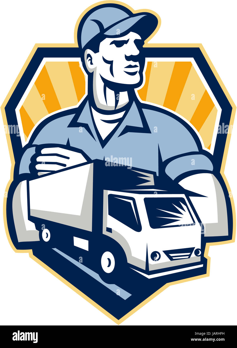 Illustration einer Entfernung Mann Lieferung Kerl mit beweglichen LKW van im Vordergrund im Inneren Schild Wappen im retro-Stil gemacht. Stockfoto