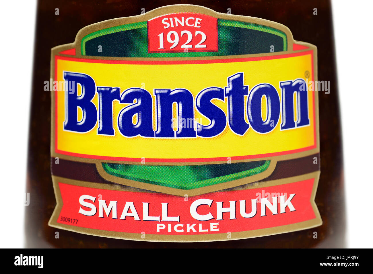 Branston Label auf ein Glas mit Gurke, hautnah. Stockfoto