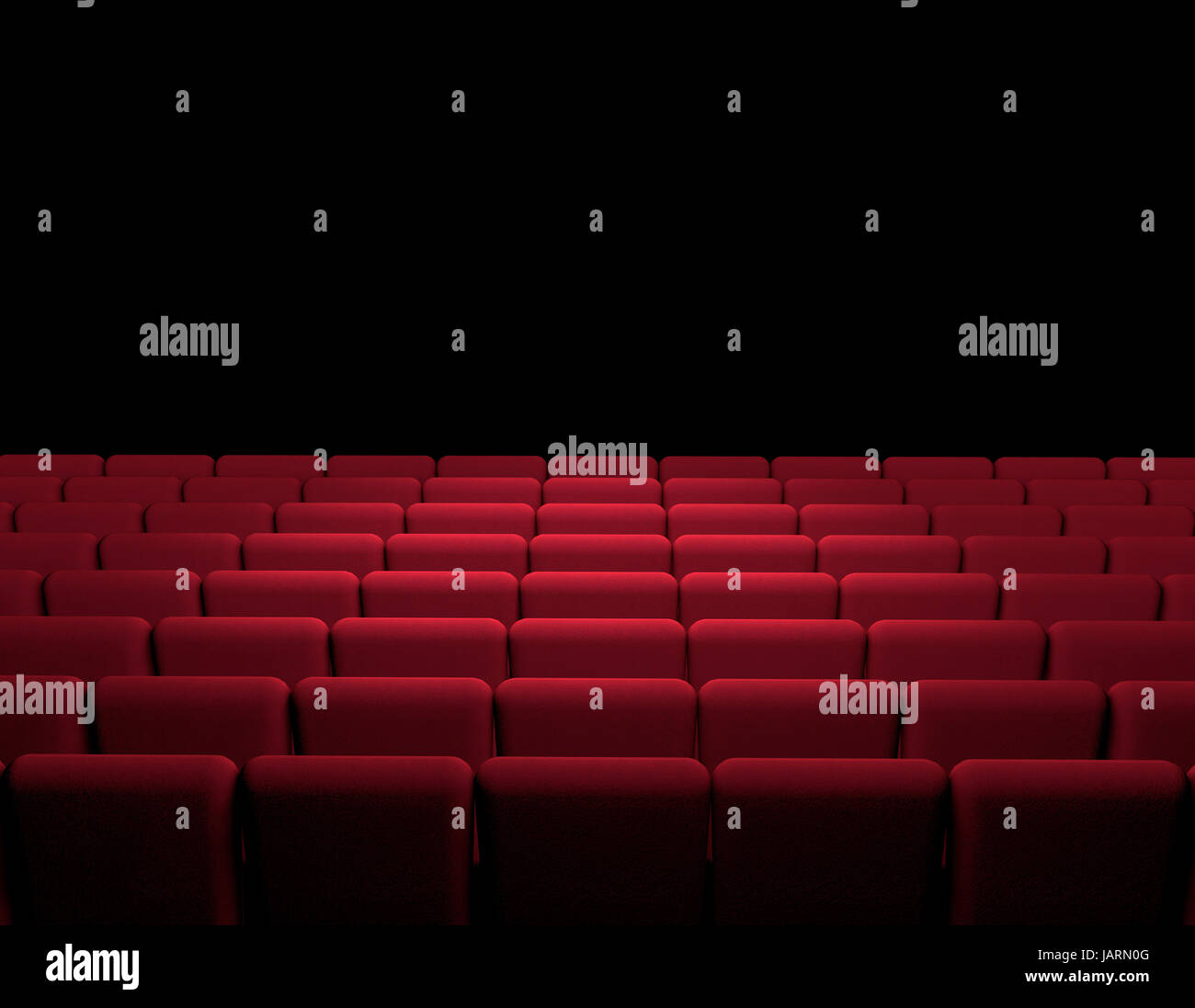 Kinosaal mit roten Sesseln, Film, Kino, Bildschirm, Film-Präsentation. 3D-Rendering Stockfoto