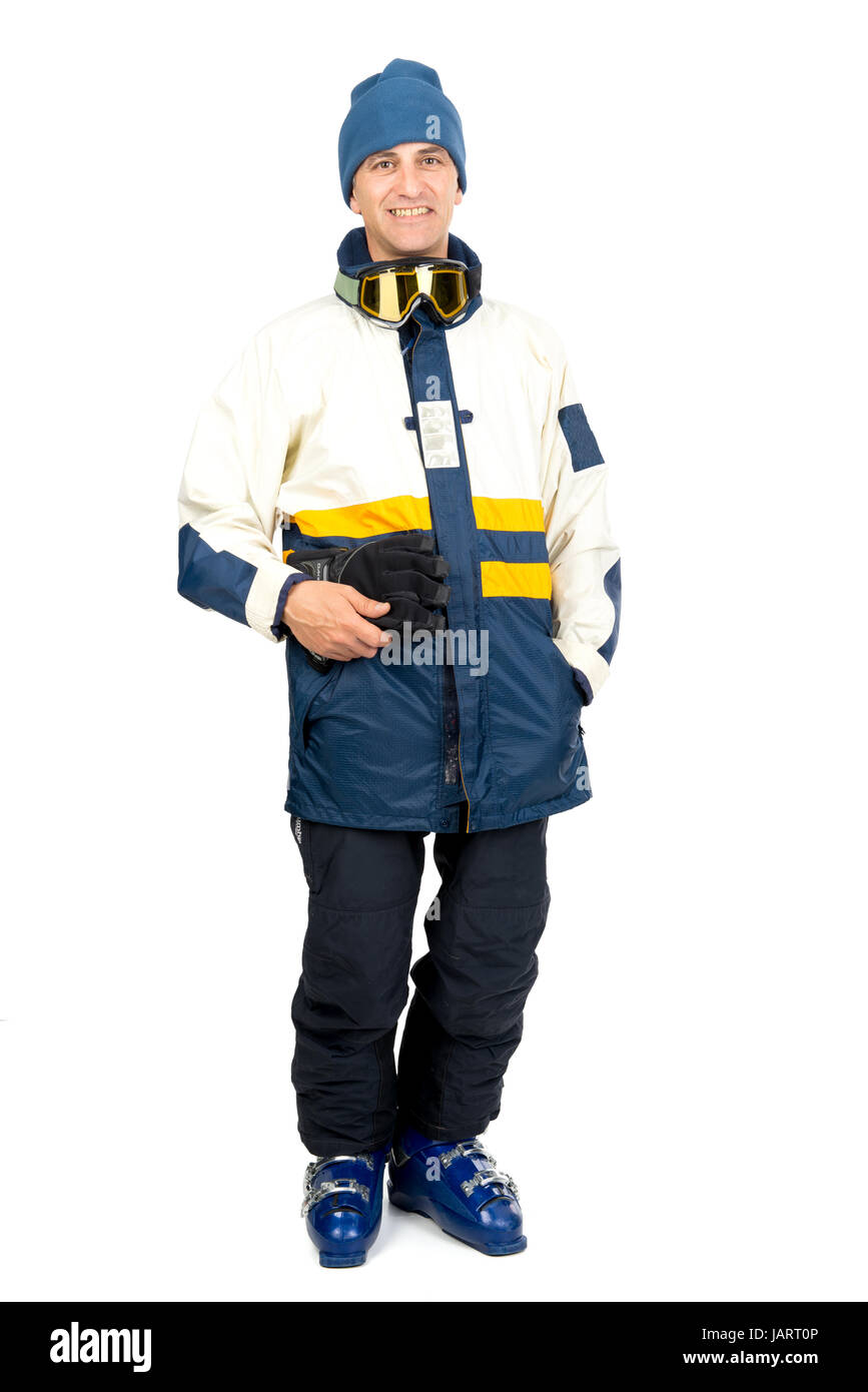 Skifahrer in voller Montur isoliert in weiß Stockfoto