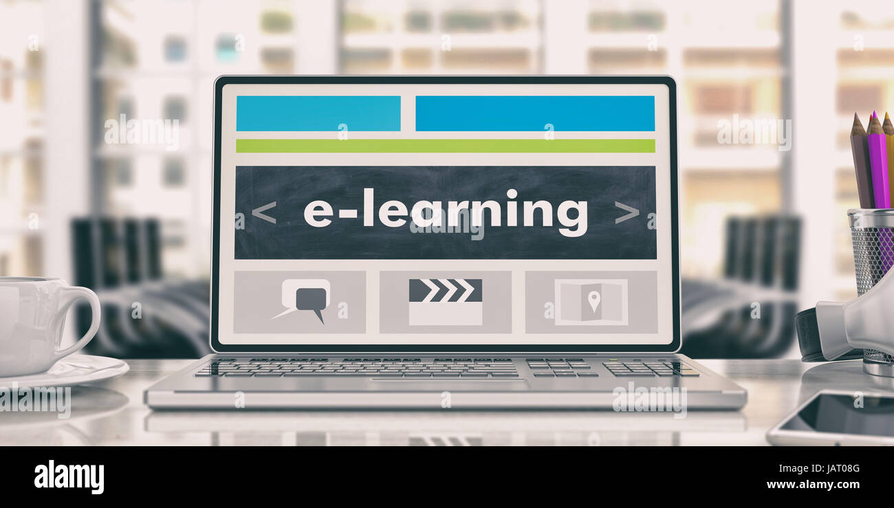 E-Learning-Konzepts. Laptop auf einem Schreibtisch. 3D illustration Stockfoto