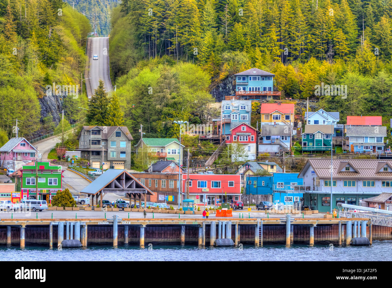 Bunte Gebäude in der Kreuzfahrt Schiff Hafen Ketchikan, Alaska, USA. Stockfoto