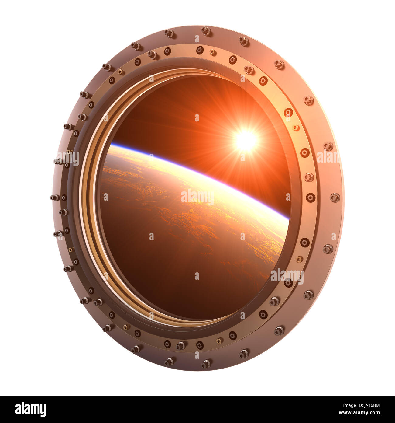 Blick auf den Planeten und die Sonne durch das Bullauge des Raumschiffs. 3D Illustration. Stockfoto