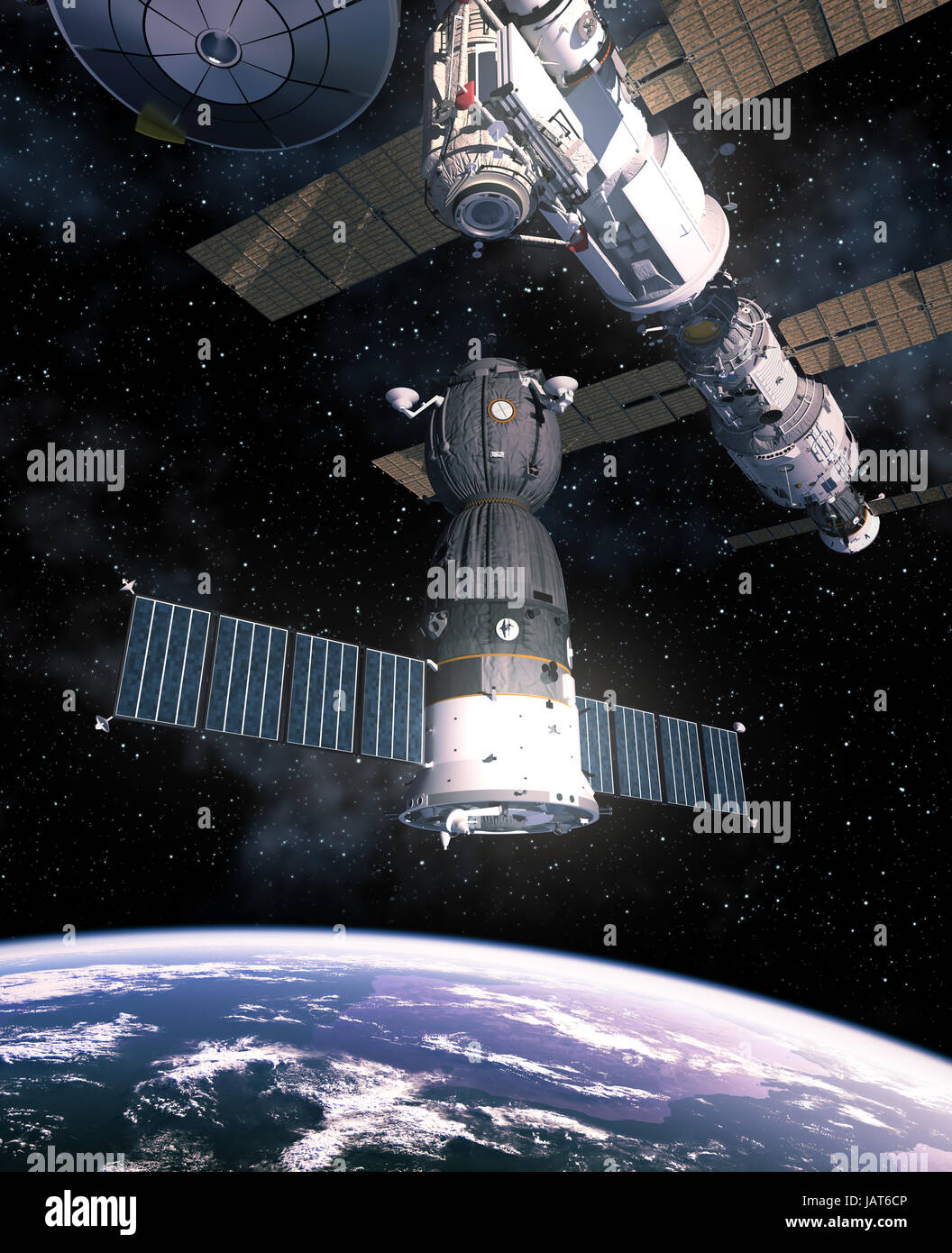 Raumschiff bereitet Dock mit der internationalen Raumstation ISS. 3D Illustration. Stockfoto