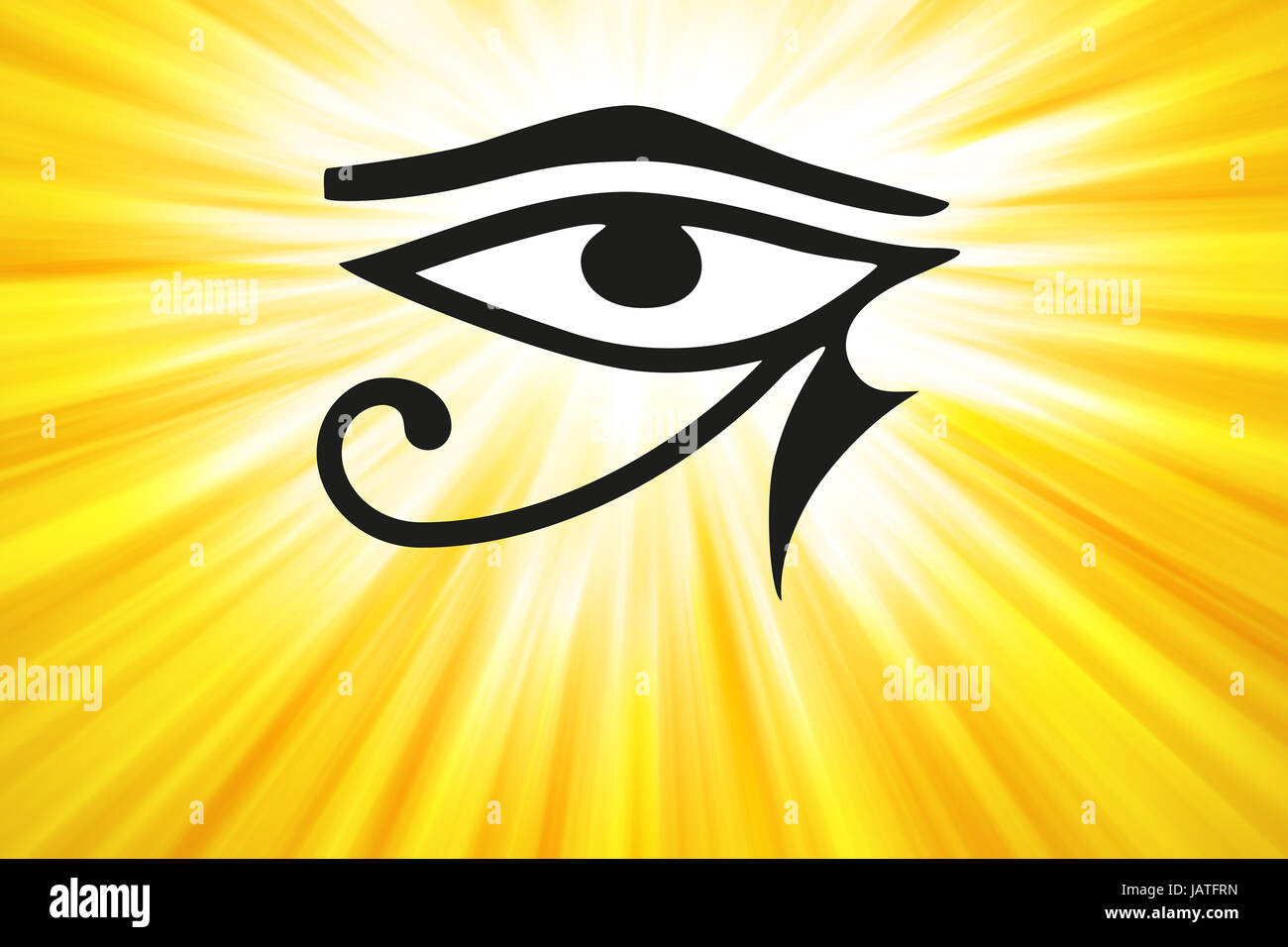 Auge des Horus und goldene Lichtstrahlen. Ägyptisches Symbol des Schutzes, Königsmacht und gute Gesundheit, personifiziert in Göttin Wadjet. Stockfoto