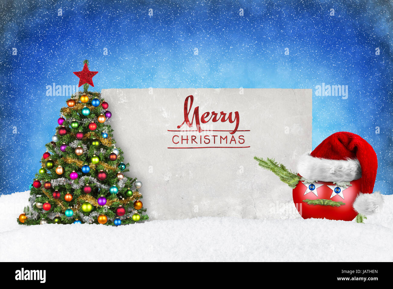 Grußkarte Mit Weihnachtsbaum Und Kugel Mit nikolausmütze Stockfoto