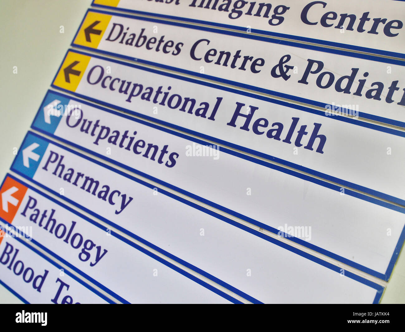 Hilfsbereit und umfassende Beschilderung an einem NHS-Krankenhaus in Großbritannien Stockfoto