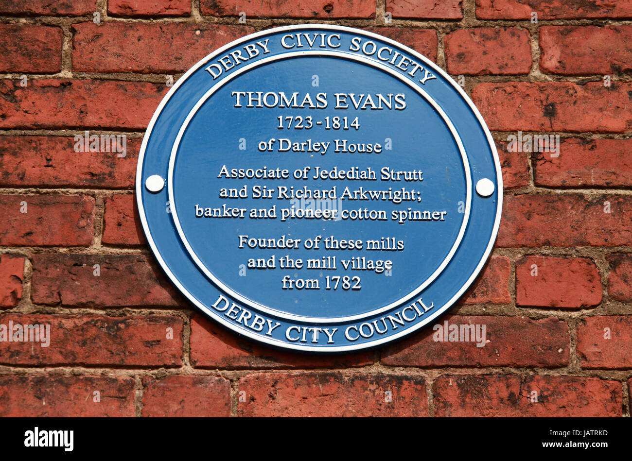 Thomas Evans Blue Plaque bei Darley Abbey Mills im Derby Stockfoto