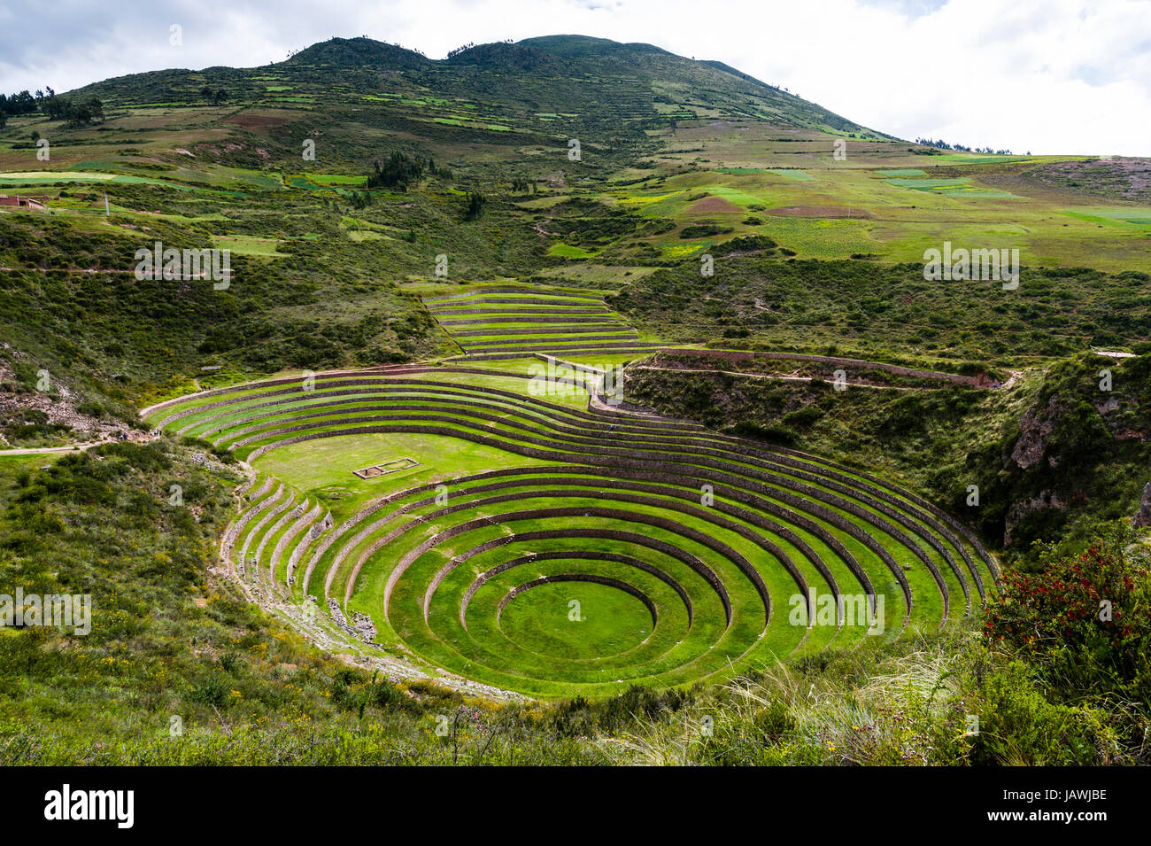 Eine Inka-Stätte mit Stein Wand Terrassen für den Anbau von Nutzpflanzen durch die Schaffung von Mikroklimata. Stockfoto