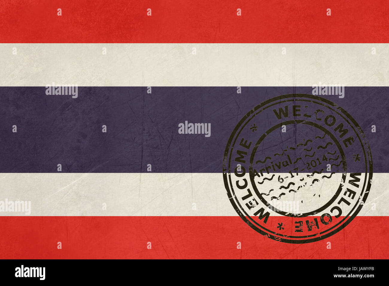 Herzlich Willkommen Sie in Thailand-Flagge mit Passstempel Stockfoto