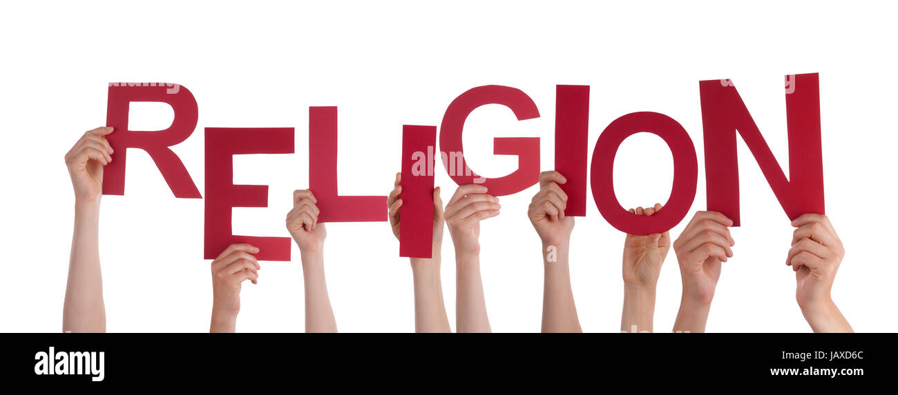 Viele Hände halten das Wort Religion, isoliert Stockfoto