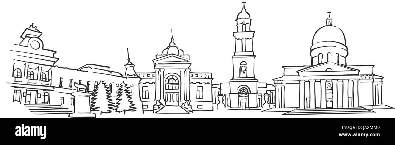 Chisinau, Republik Moldau, Panorama-Skizze, Monochrome urbane Stadtbild Vektor Artprint Stock Vektor