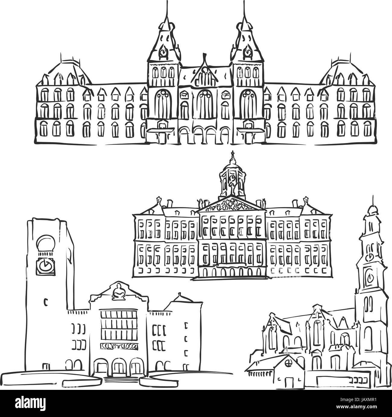 Amsterdam, Niederlande, berühmte Gebäude, Monochrom beschriebenen Reisen Sehenswürdigkeiten, skalierbare Vektor-Illustration Stock Vektor