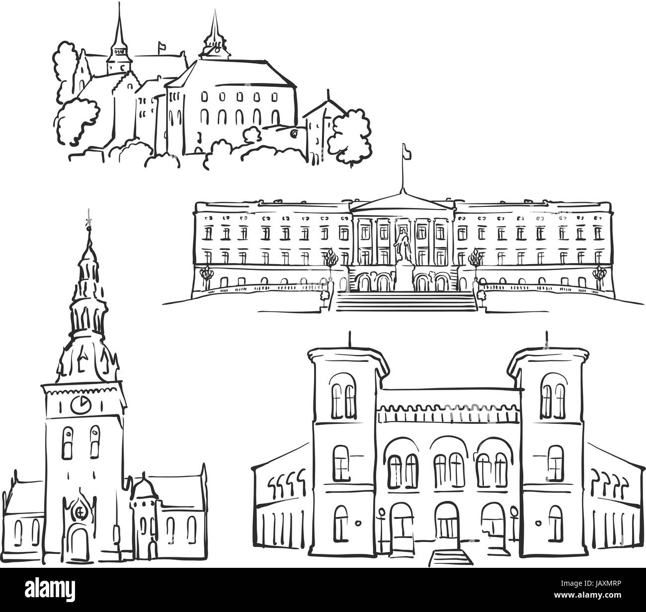 Oslo, Norwegen, berühmte Gebäude, Monochrom beschriebenen Reisen Sehenswürdigkeiten, skalierbare Vektor-Illustration Stock Vektor