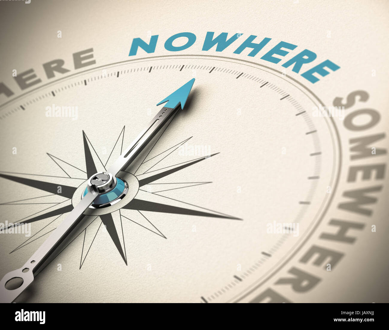Realistisches Konzept der Desorientierung. Kompass-Nadel zeigt das blaue Wort nirgends auf einem Papierhintergrund. Stockfoto