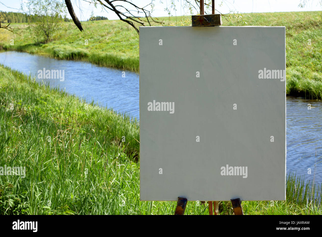 Leere Maler Künstlerleinwand auf hölzerne Staffelei. Schönen Sommer Fluss Landschaft im Hintergrund. Stockfoto