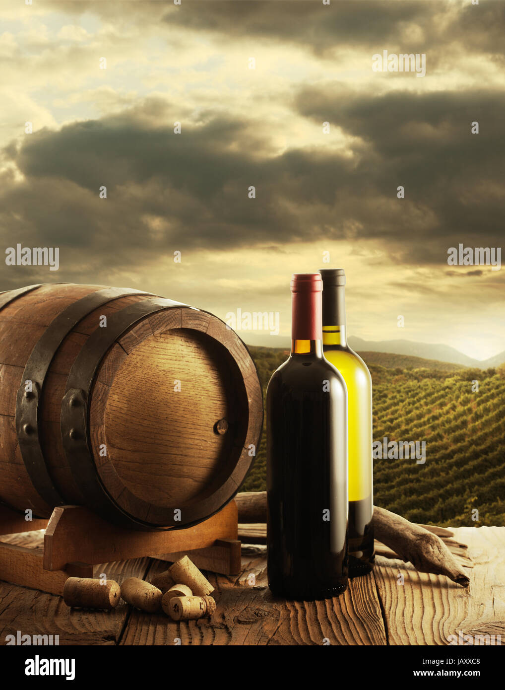 Weinflaschen und Wodden Lauf, Weinberg im Hintergrund Stockfoto