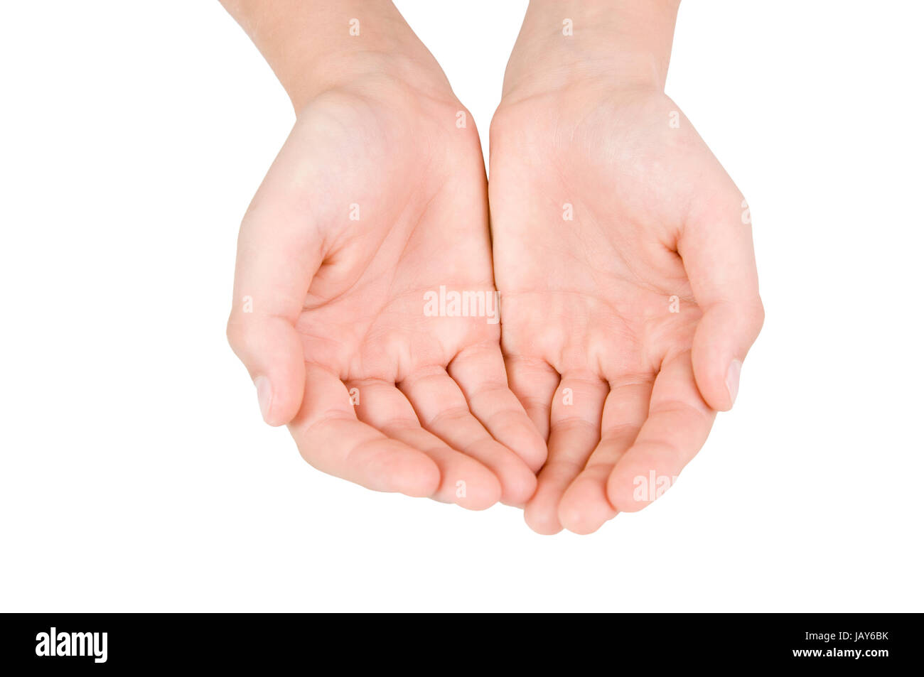 Detail-Ansicht der Handflächen Eines Jungen Männlichen Teenager Vor Weissen Hintergrund Stockfoto