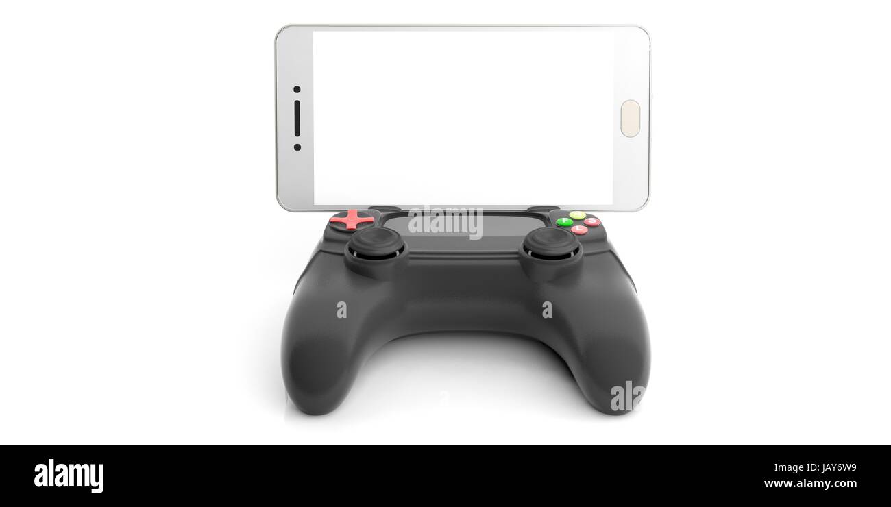Videospiele Konsolen-Controller und ein Smartphone auf weißem Hintergrund. 3D illustration Stockfoto