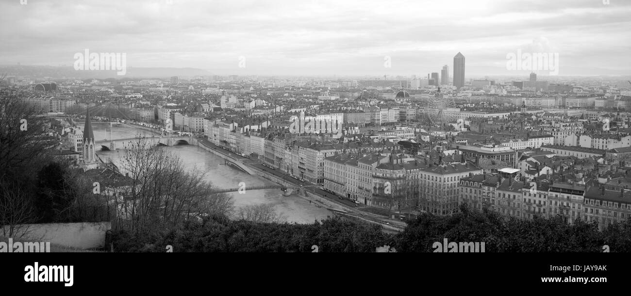 Details der Panoramablick von Lyon in schwarz und weiß. Stockfoto