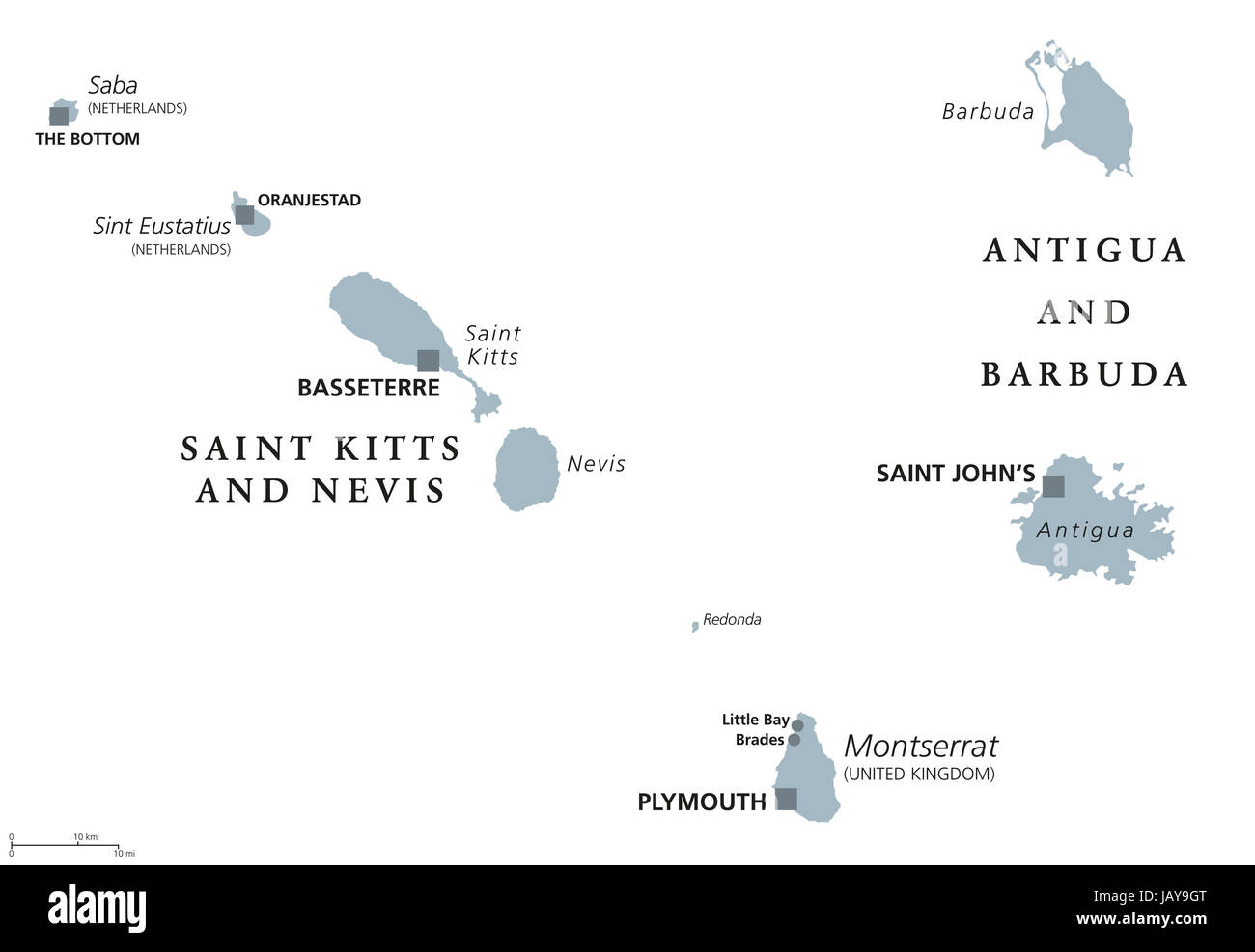 St. Kitts und Nevis, Antigua und Barbuda, Montserrat, Saba und Sint Eustatius politische Karte. Karibische Inseln und Teile der kleinen Antillen. Stockfoto