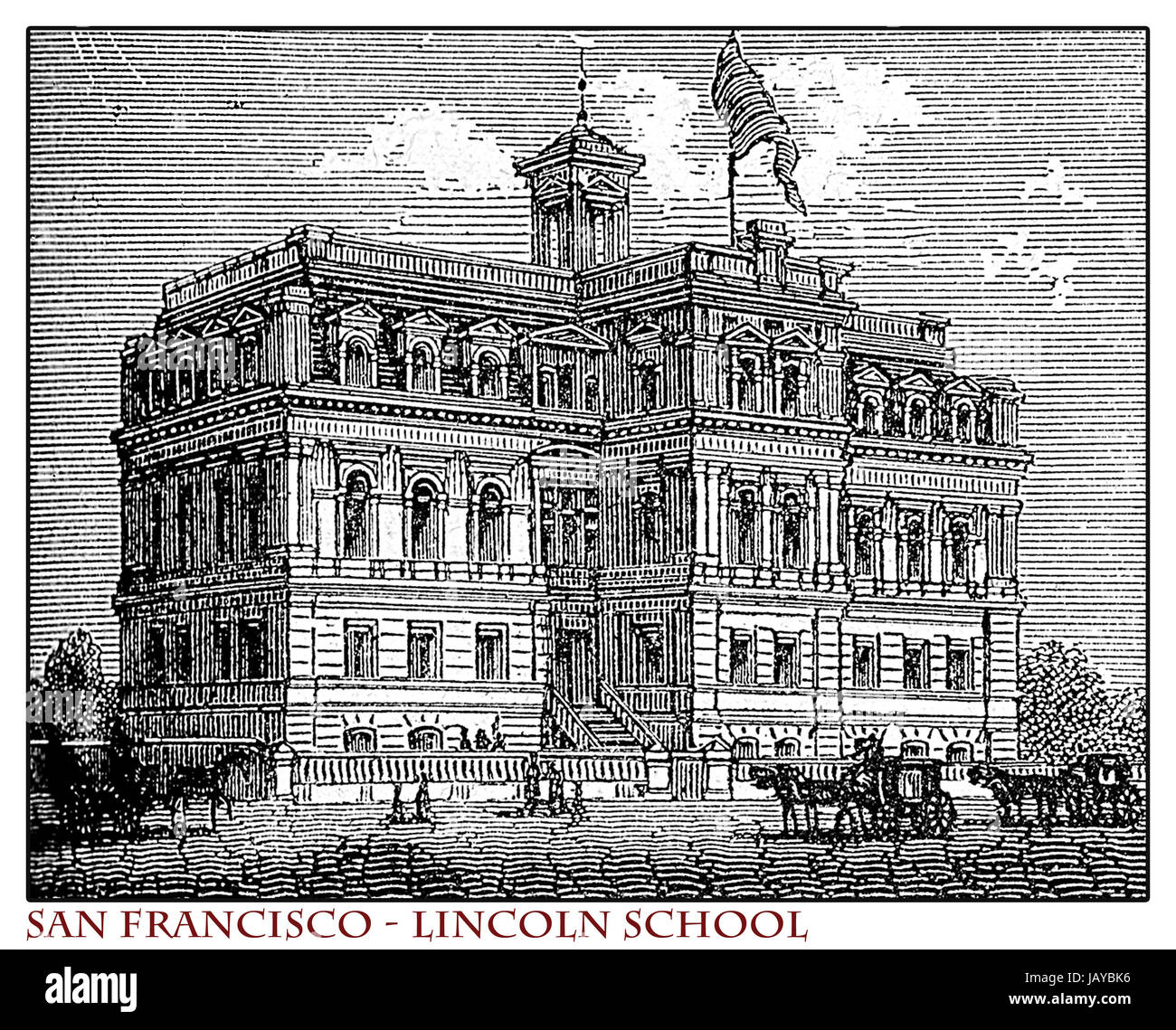 Kalifornien, San Francisco Lincoln Schulgebäude, Kupferstich aus dem Jahr 1873 vor dem Erdbeben von 1906 die mehr als 80 % der Stadt zerstört Stockfoto