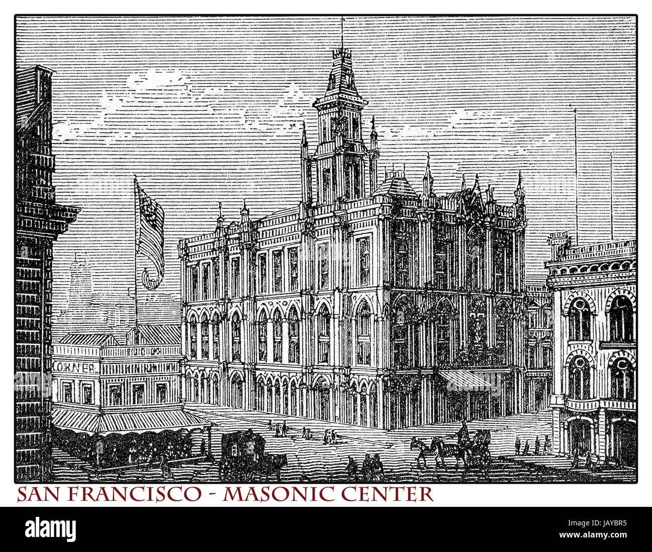 Kalifornien, San Francisco Masonic Center Gebäude, Gravur aus dem Jahr 1873 vor dem Erdbeben von 1906, die mehr als 80 % der Stadt zerstört Stockfoto