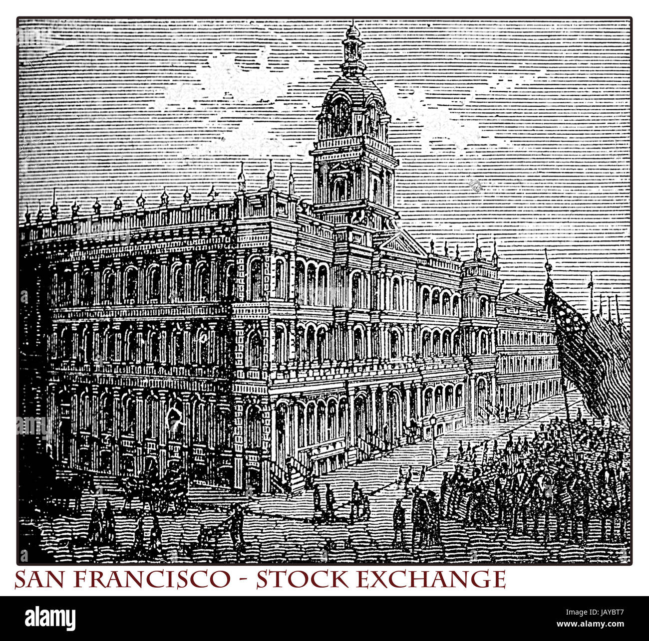 Kalifornien, San Francisco Stock Exchange building, Kupferstich aus dem Jahr 1873 vor dem Erdbeben 1906, das mehr als 80 % der Stadt zerstört Stockfoto